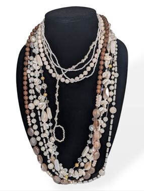 Necklace Bundle Lot Coral Ivory Bead Layered Shell Pearl Wood Stones Vintage EUC